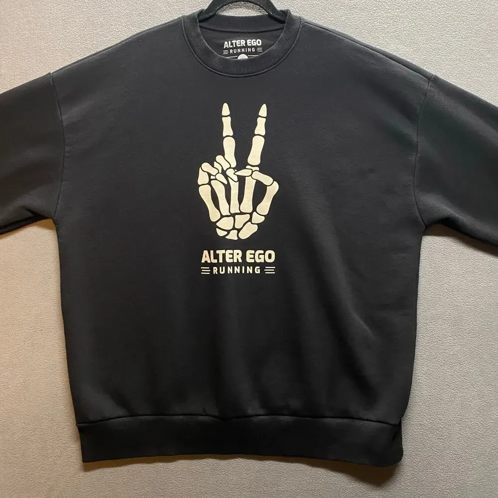 Alter Ego Running Peace Skeleton Crew Neck Pullover‎ Sweatshirt Mens XL Black